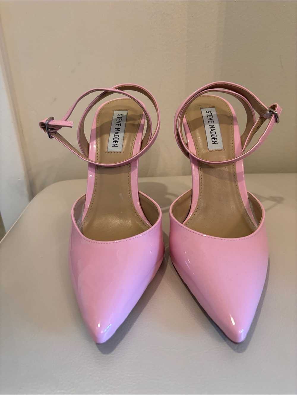 Steve Madden Pink Patent Pointed Ankle-Strap Pumps